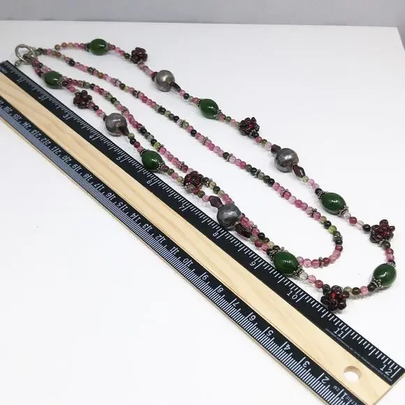 Vintage Gemstone Beaded Necklace, Garnet Clusters, Two Strands, 1990s Vintage